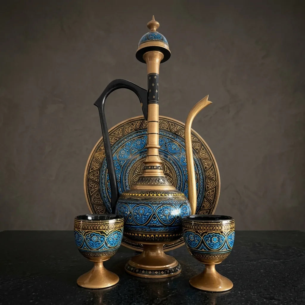 Wooden Naqshi Pitcher Set in Pakistan – Handcrafted Serveware & Table Décor | umry khiyam with table | TCW