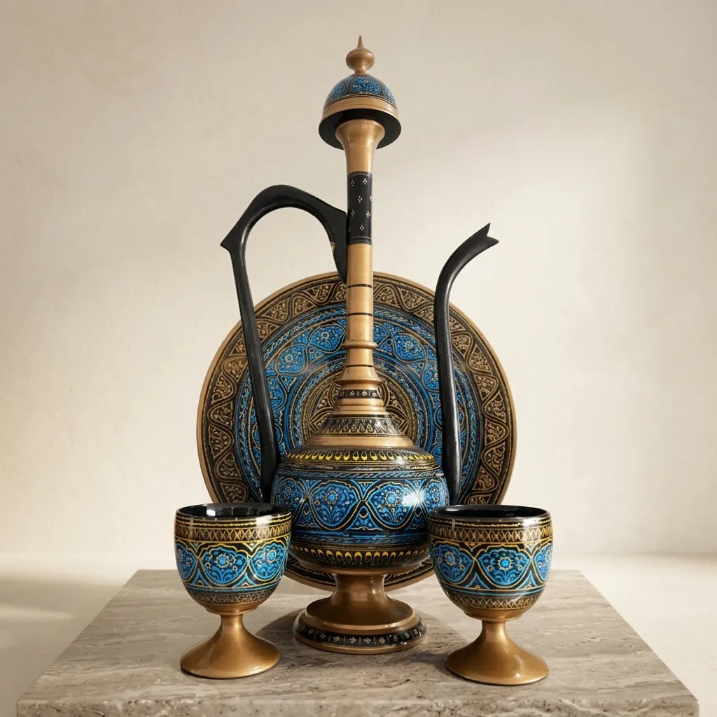 Wooden Naqshi Pitcher Set in Pakistan – Handcrafted Serveware & Table Décor | umry khiyam with table | TCW