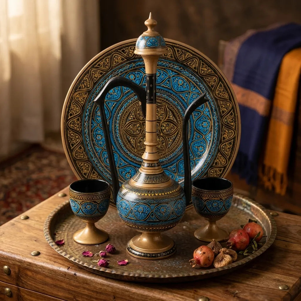 Wooden Naqshi Pitcher Set in Pakistan – Handcrafted Serveware & Table Décor | umry khiyam with table | TCW