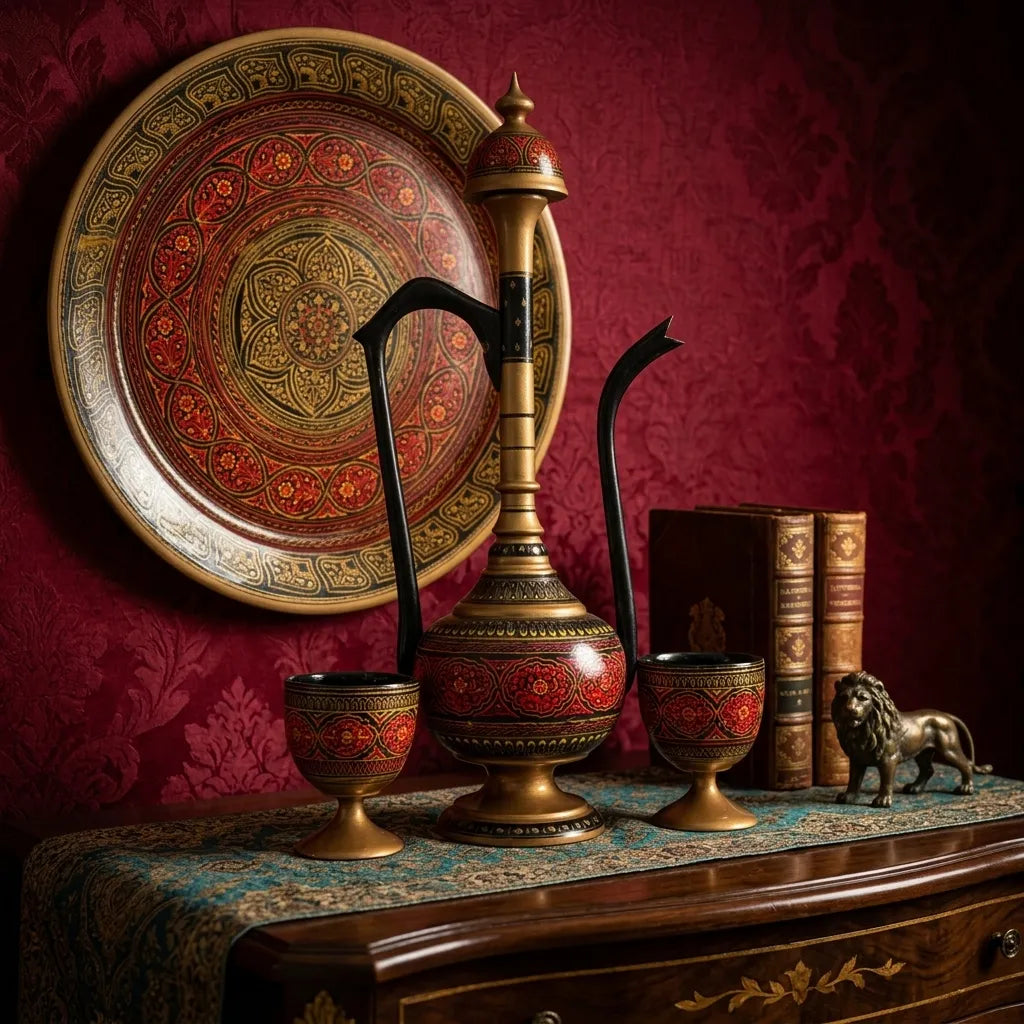 Wooden Naqshi Pitcher Set in Pakistan – Handcrafted Serveware & Table Décor | umry khiyam with table Red | TCW
