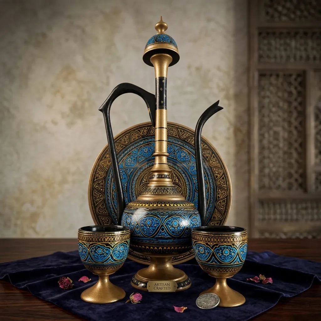 Wooden Naqshi Pitcher Set in Pakistan – Handcrafted Serveware & Table Décor | umry khiyam with table | TCW