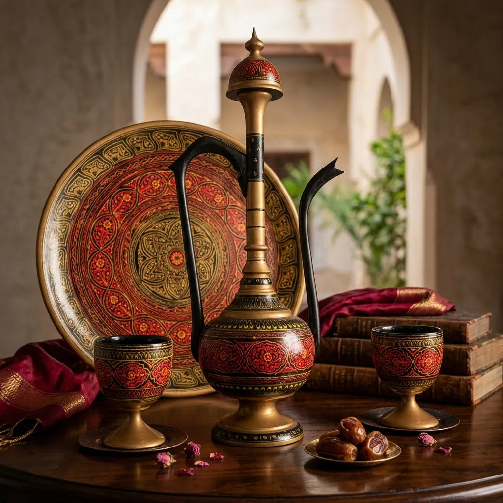 Wooden Naqshi Pitcher Set in Pakistan – Handcrafted Serveware & Table Décor | umry khiyam with table Red | TCW