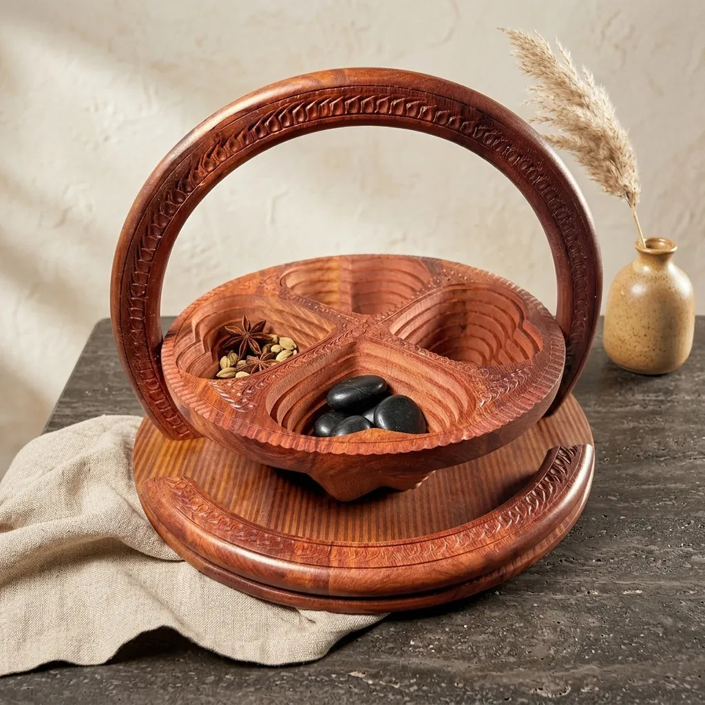 Wooden Dry Fruit Tukri – Handcrafted Serving Basket for Eid, Weddings & Gifting.