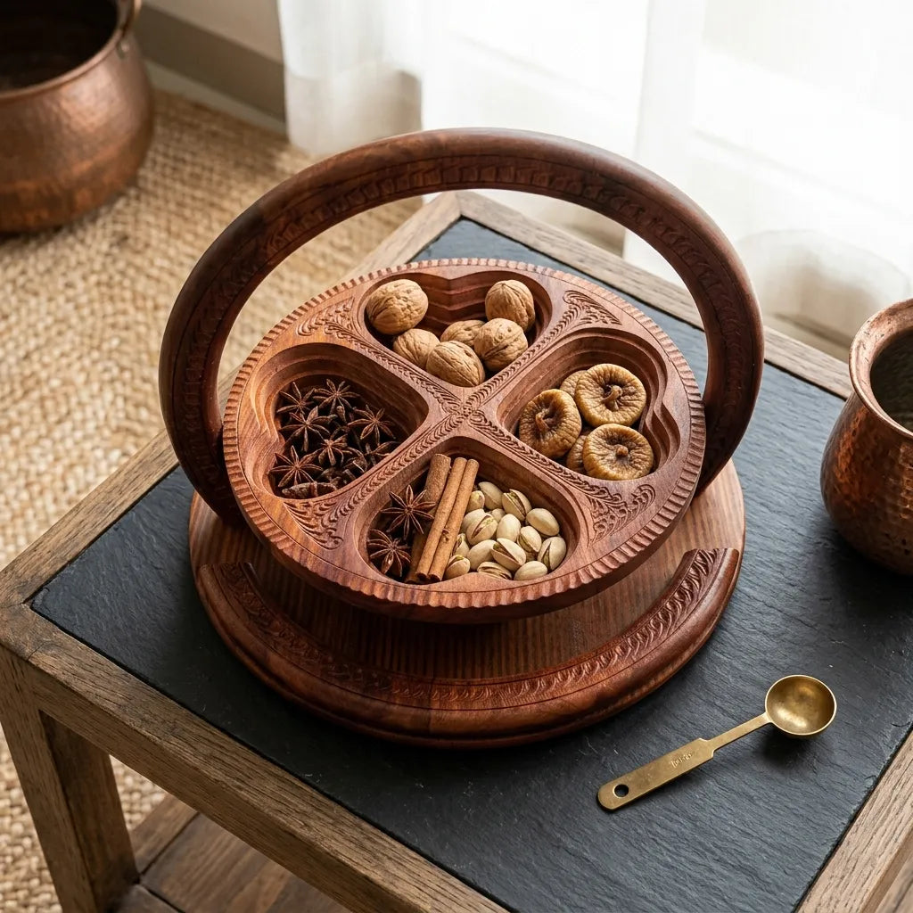 Wooden Dry Fruit Tukri – Handcrafted Serving Basket for Eid, Weddings & Gifting.