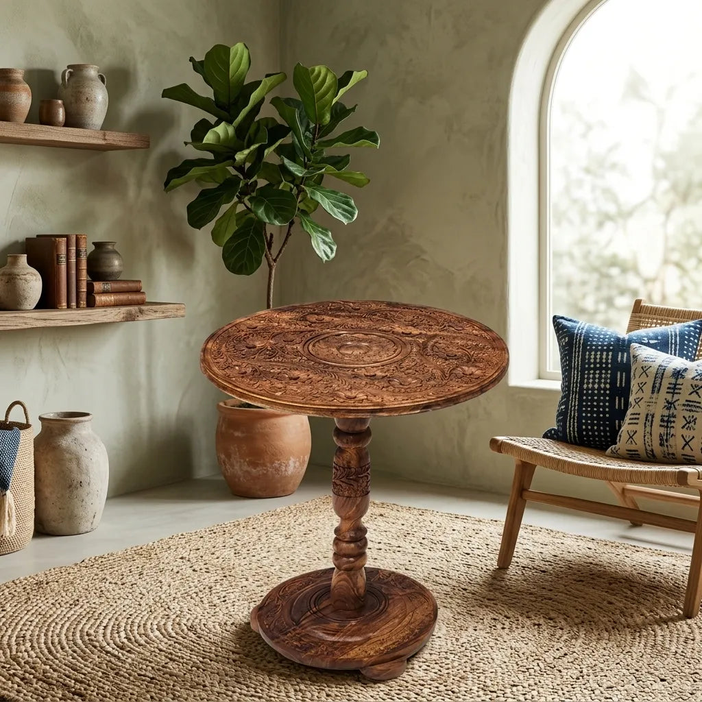 Handcrafted Naqshi Art Accent Table – Decorative Wooden Simple Side Table | TCW