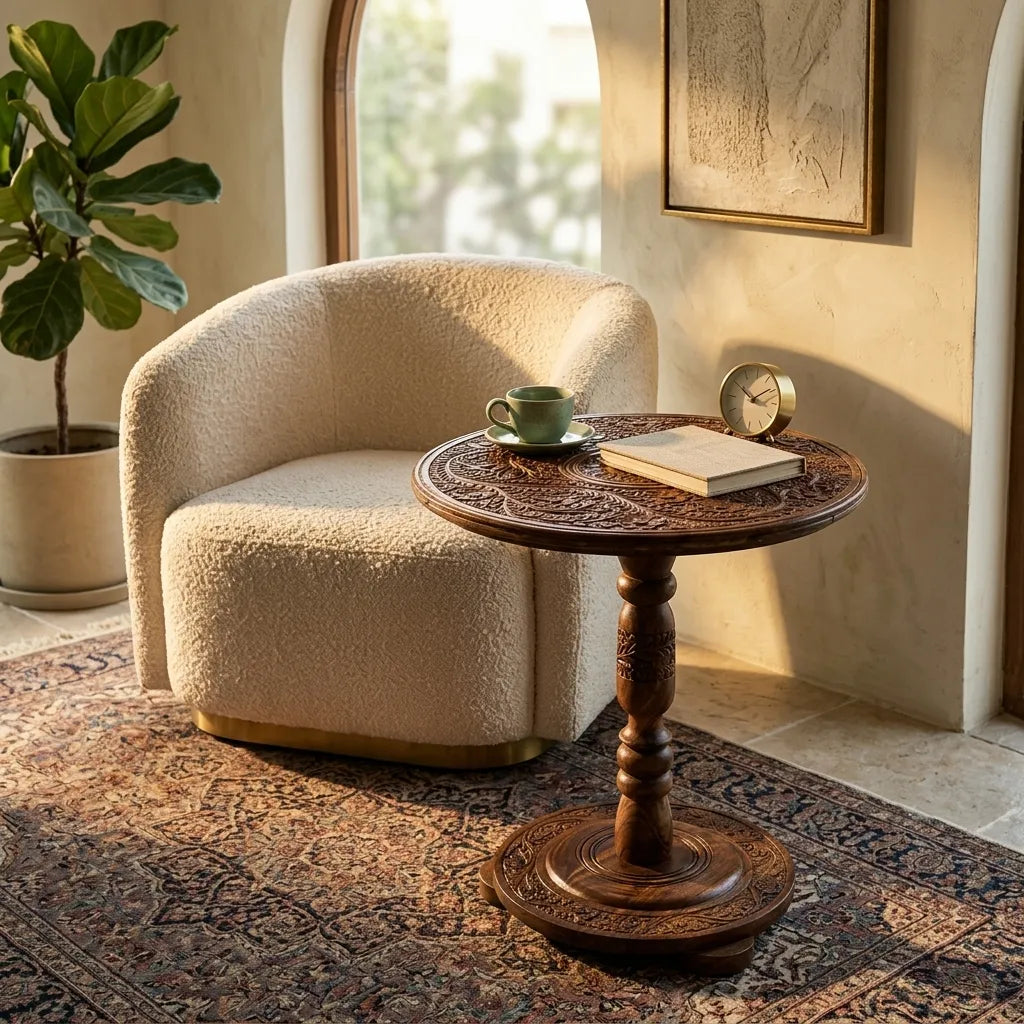 Handcrafted Naqshi Art Accent Table – Decorative Wooden Simple Side Table | TCW