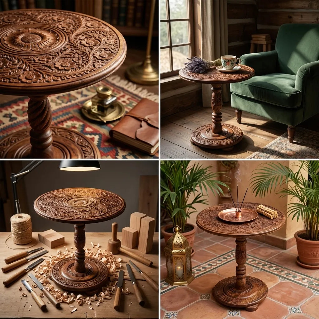 Handcrafted Naqshi Art Accent Table – Decorative Wooden Simple Side Table | TCW