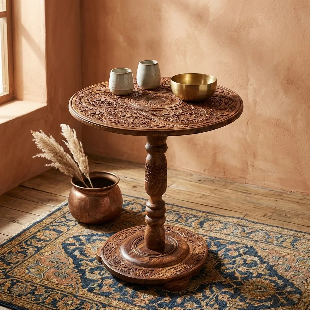 Handcrafted Naqshi Art Accent Table – Decorative Wooden Simple Side Table | TCW