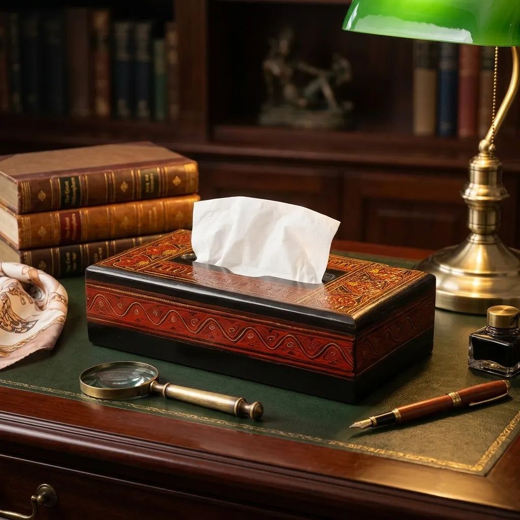 Handcrafted Wooden Tissue Box – Naqshi Art Decorative Holder Red | TCW