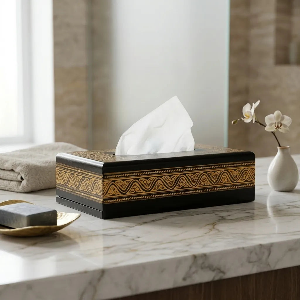 Handcrafted Wooden Tissue Box – Naqshi Art Decorative Holder Golden | TCW