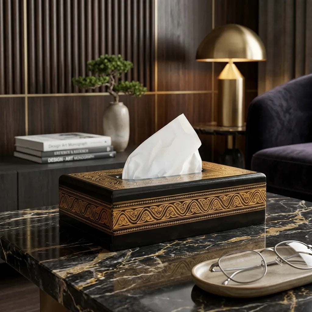 Handcrafted Wooden Tissue Box – Naqshi Art Decorative Holder Golden | TCW