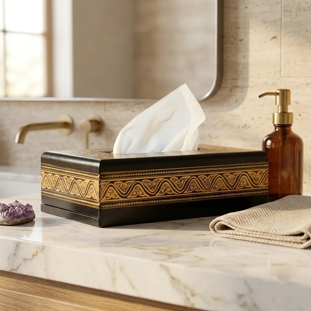 Handcrafted Wooden Tissue Box – Naqshi Art Decorative Holder Golden | TCW