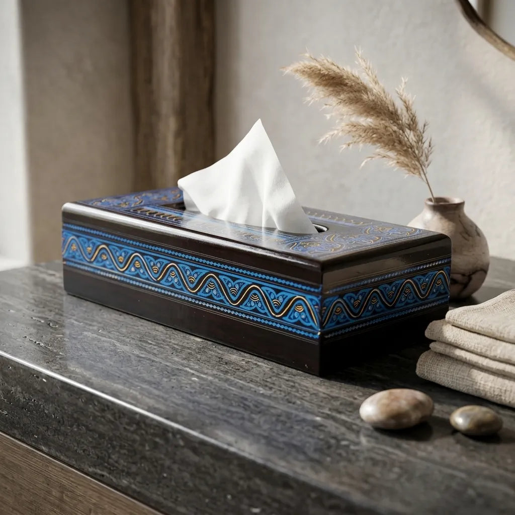 Handcrafted Wooden Tissue Box – Naqshi Art Decorative Holder Blue | TCW