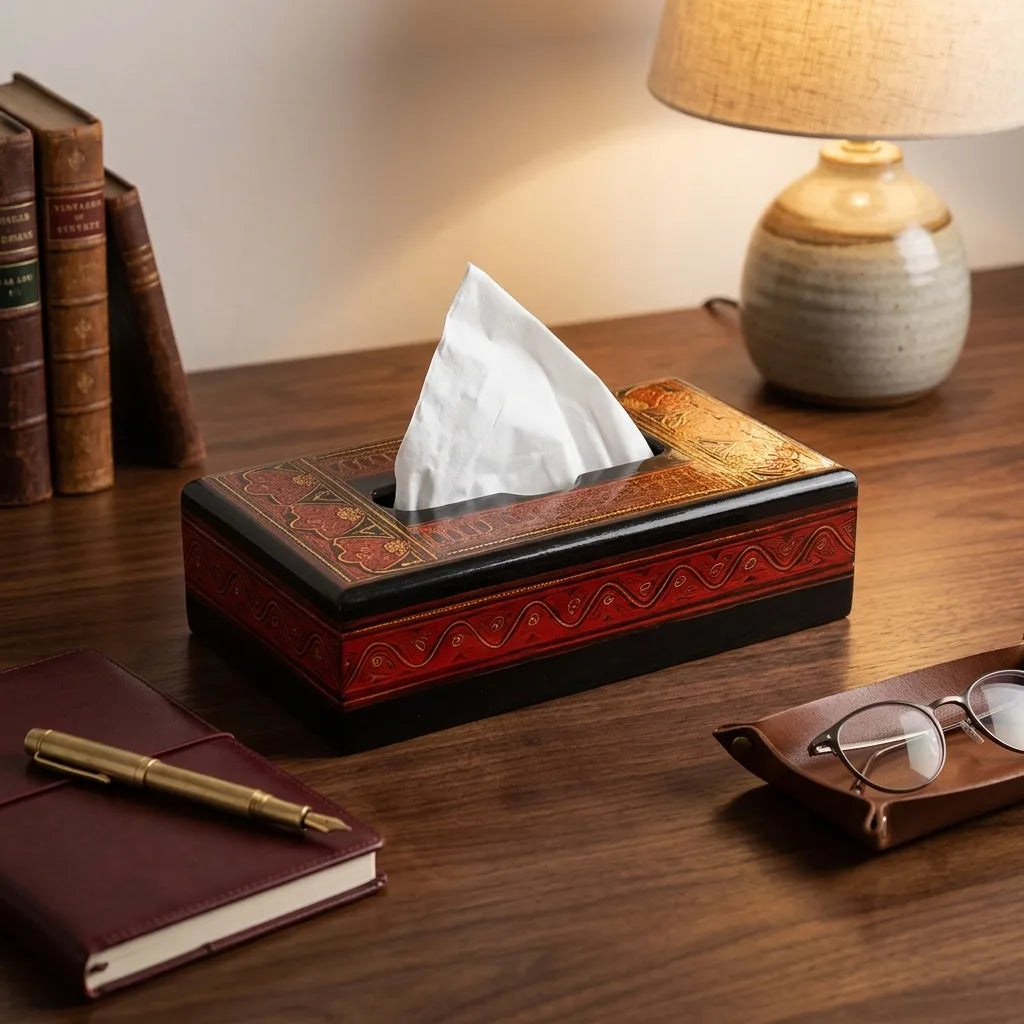 Handcrafted Wooden Tissue Box – Naqshi Art Decorative Holder Red | TCW