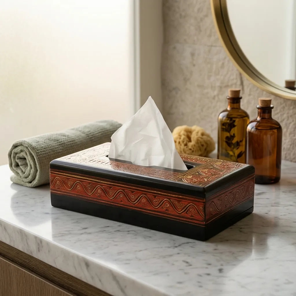 Handcrafted Wooden Tissue Box – Naqshi Art Decorative Holder Red | TCW