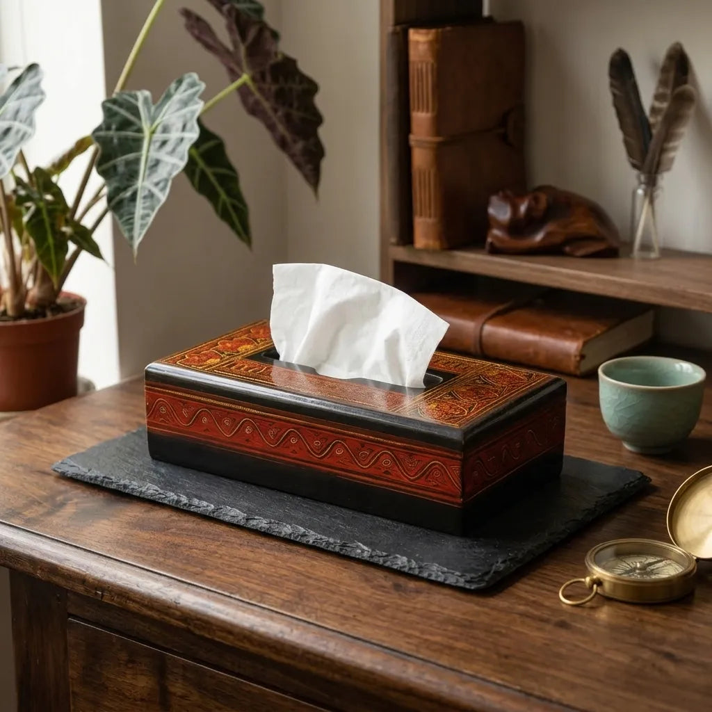 Handcrafted Wooden Tissue Box – Naqshi Art Decorative Holder Red | TCW