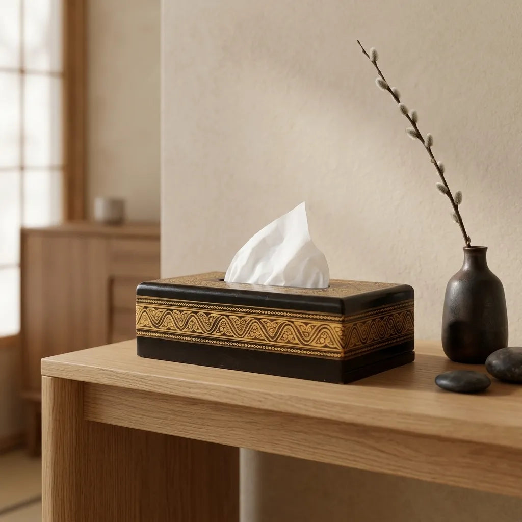 Handcrafted Wooden Tissue Box – Naqshi Art Decorative Holder Golden | TCW