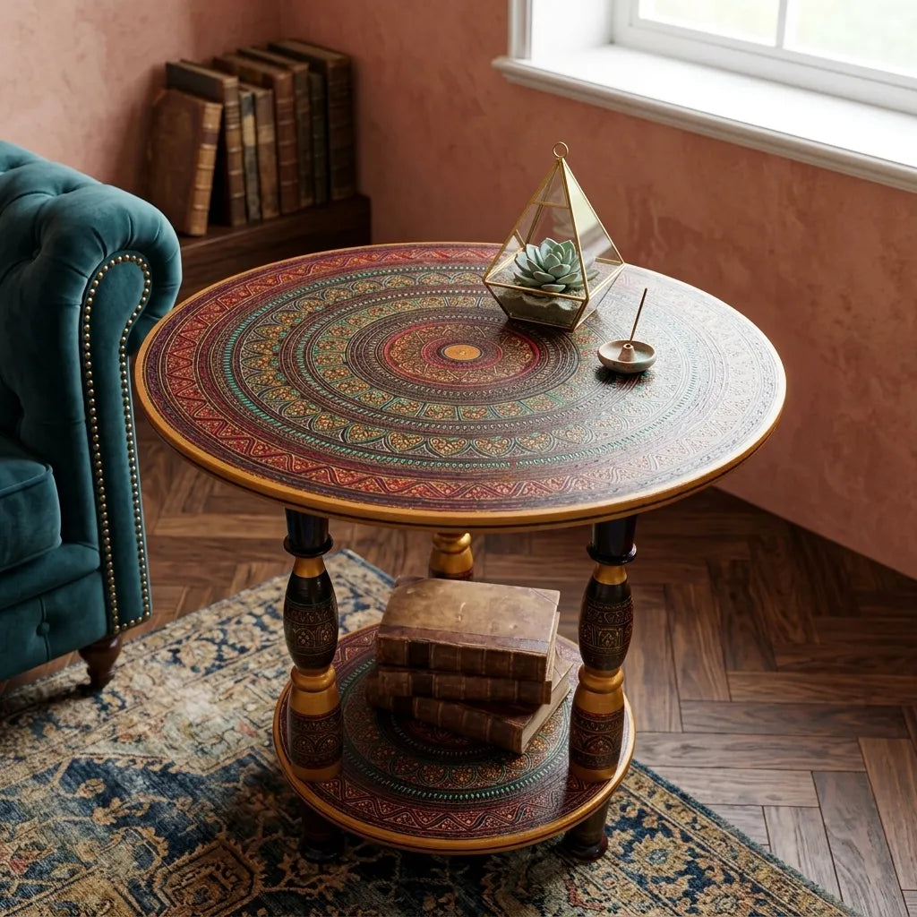 Handcrafted Naqshi Art Accent Table – Decorative Wooden Side Table 3 legs | TCW