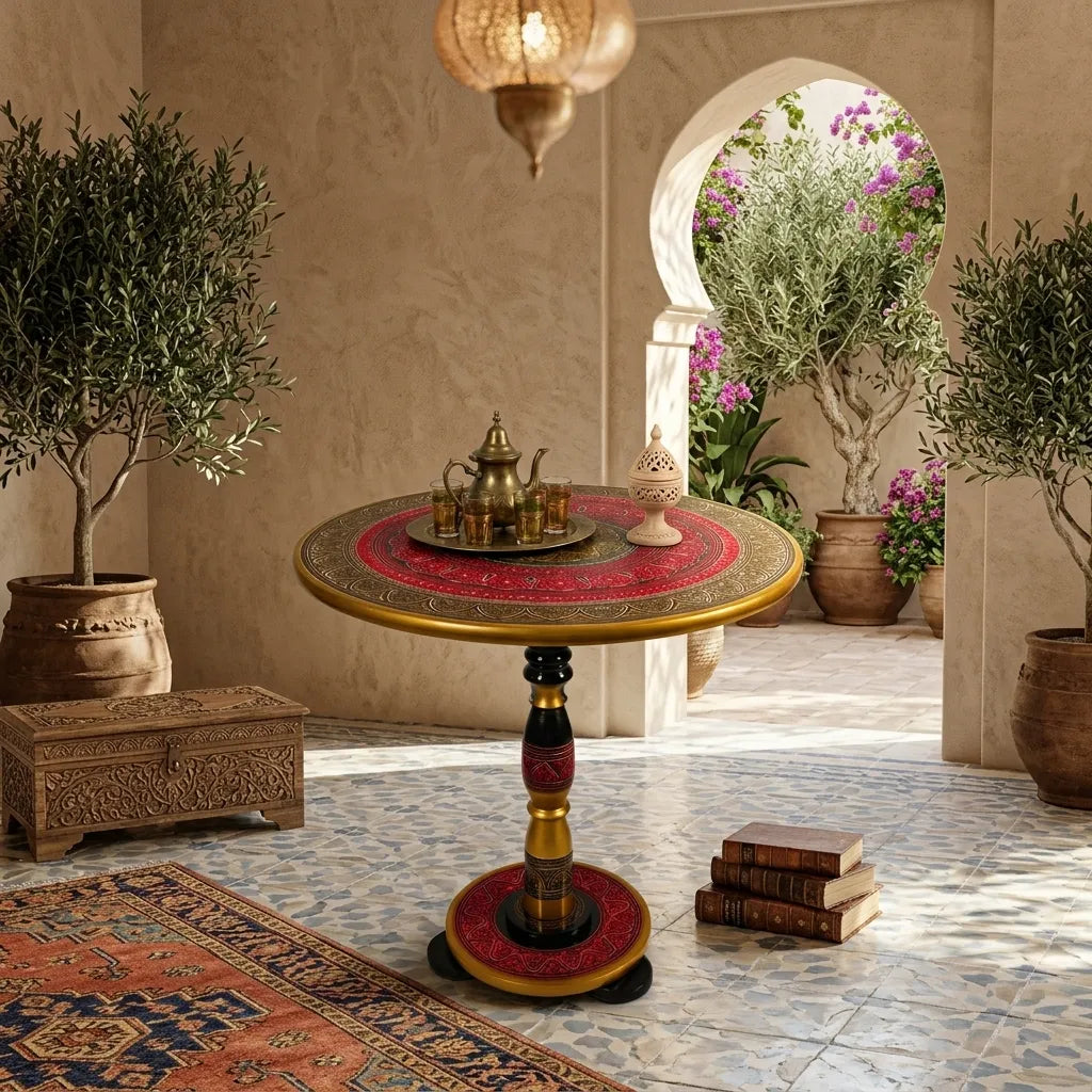 Handcrafted Naqshi Art Accent Table – Decorative Wooden Side Table Red  | TCW.
