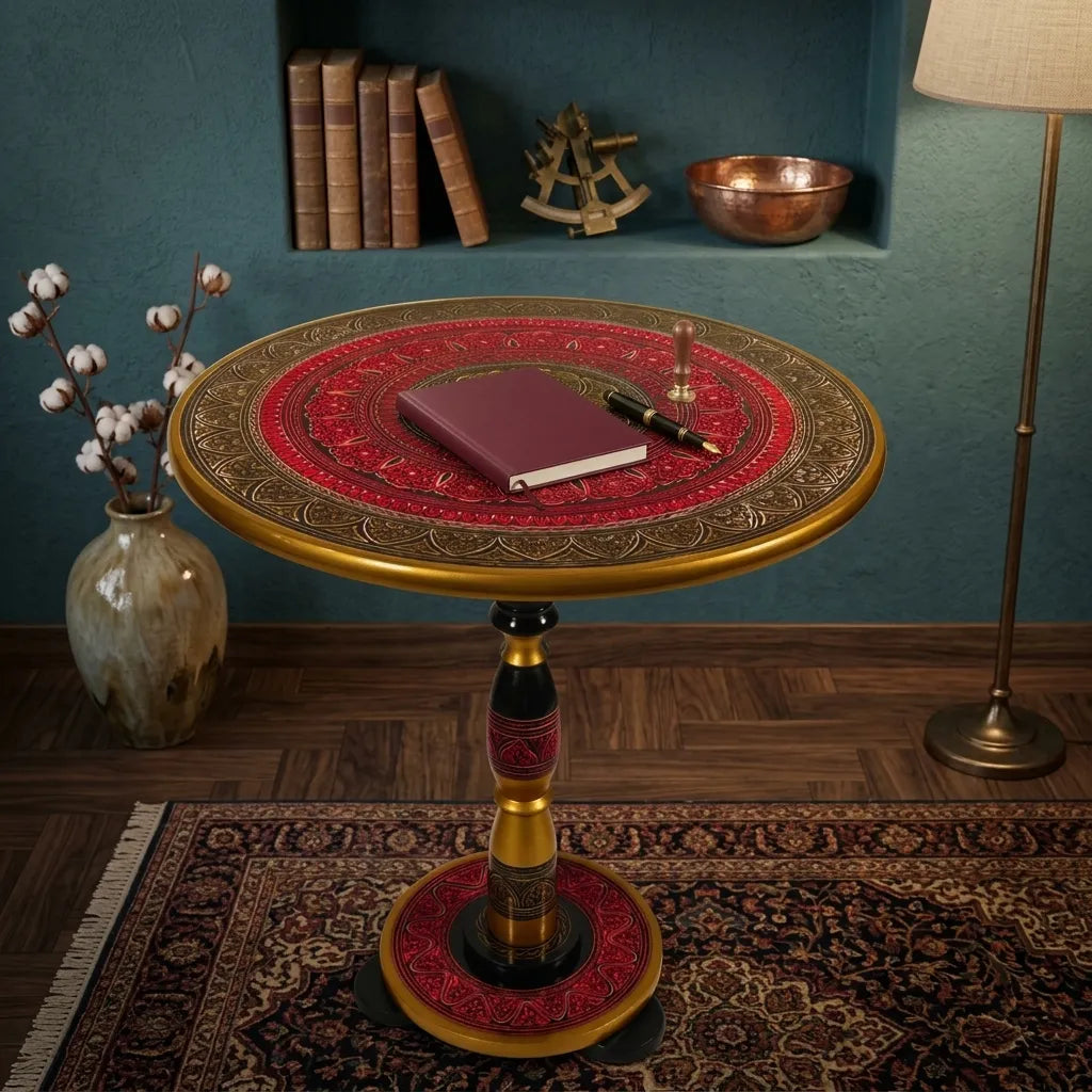 Handcrafted Naqshi Art Accent Table – Decorative Wooden Side Table Red  | TCW.