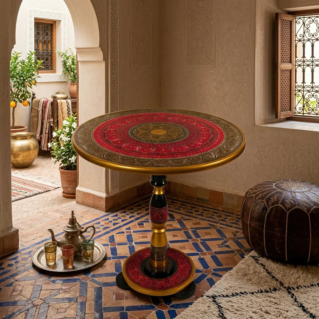 Handcrafted Naqshi Art Accent Table – Decorative Wooden Side Table Red  | TCW.