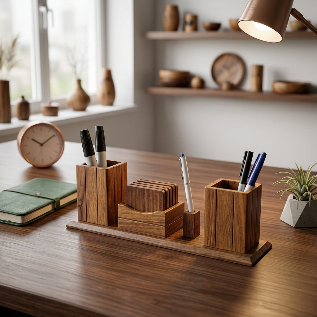 Wooden Desk Organizer Pen Stand  – Handmade Office Table Organizer | TCW