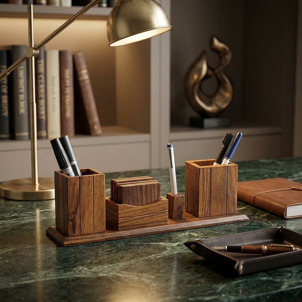 Wooden Desk Organizer Pen Stand  – Handmade Office Table Organizer | TCW