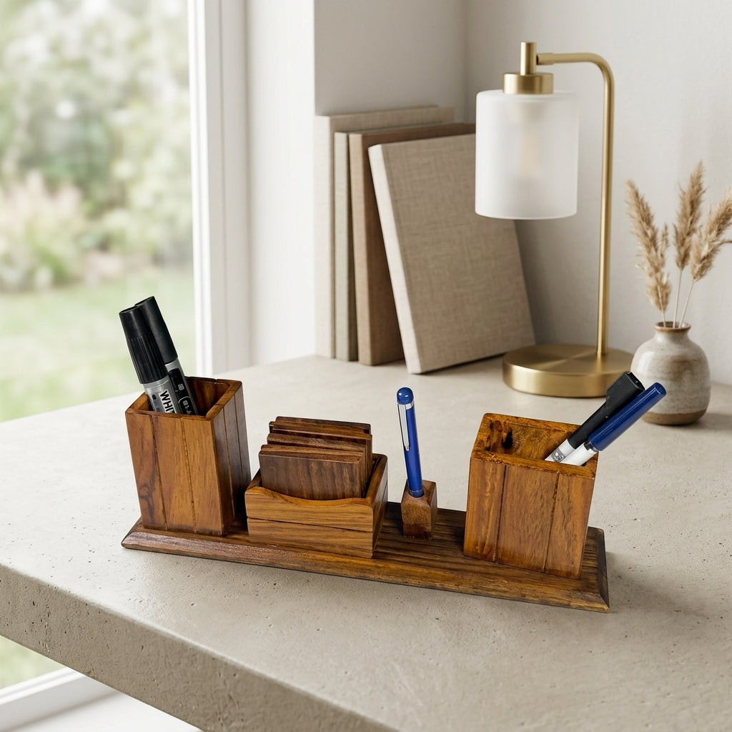 Wooden Desk Organizer Pen Stand  – Handmade Office Table Organizer | TCW