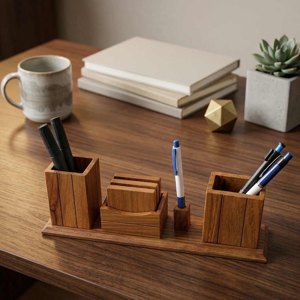 Wooden Desk Organizer Pen Stand  – Handmade Office Table Organizer | TCW