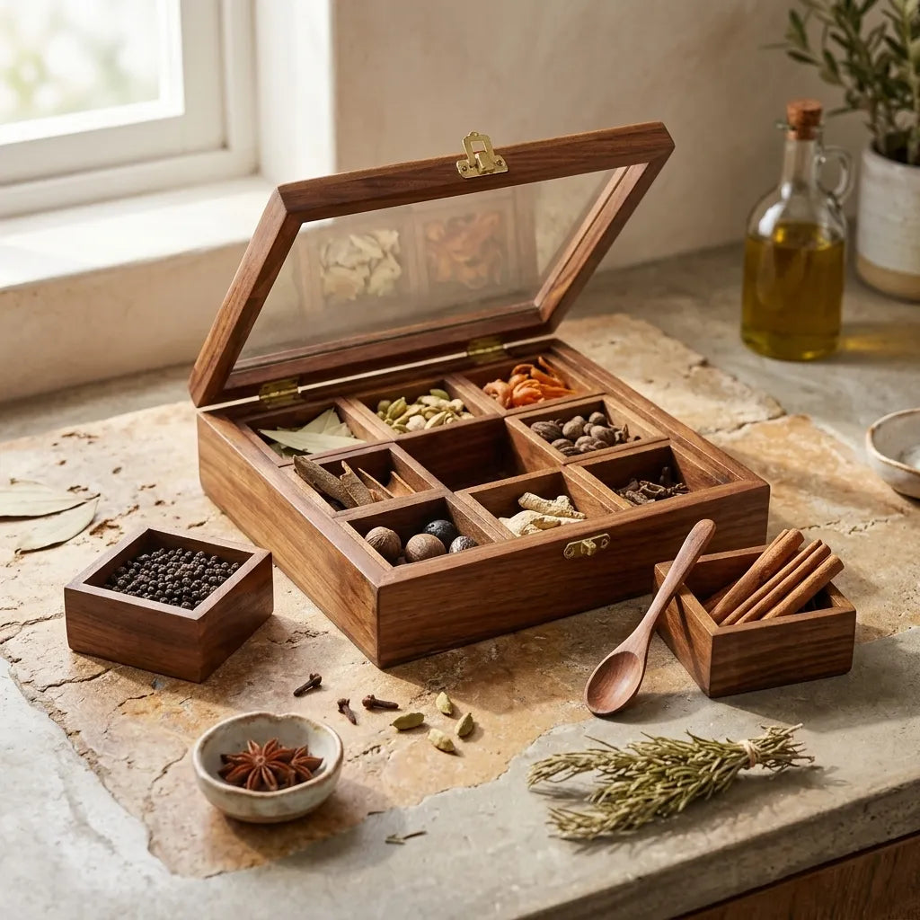Carved Wooden Spice Box – Masala Dani Organizer Pakistan | TCW