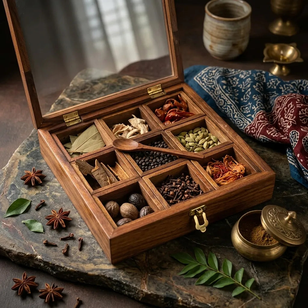 Carved Wooden Spice Box – Masala Dani Organizer Pakistan | TCW