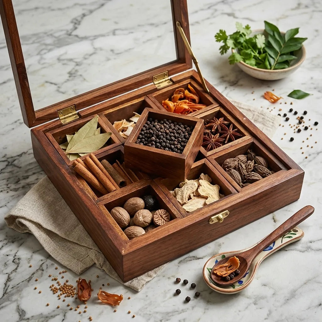 Carved Wooden Spice Box – Masala Dani Organizer Pakistan | TCW