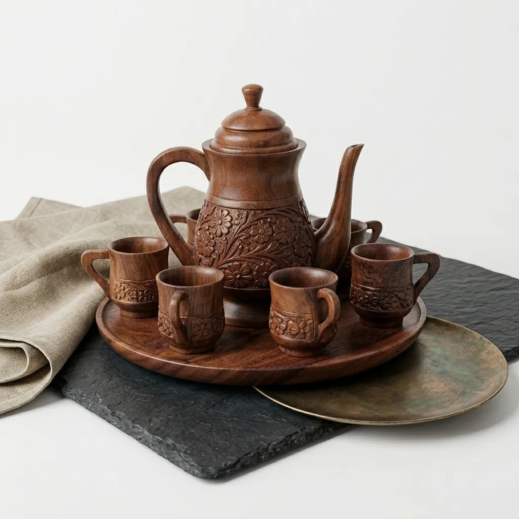 Handcarved Wooden Tea Set With Circular Tray | TCW