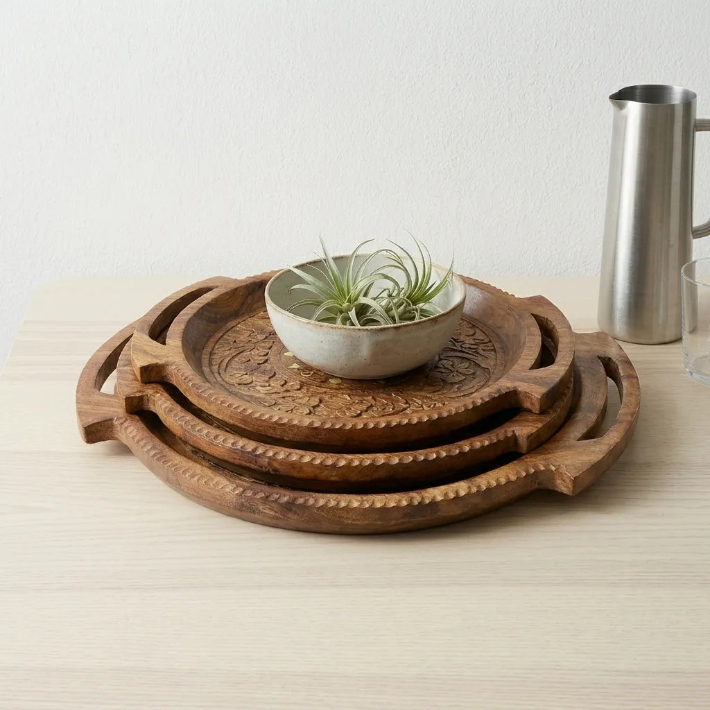 Wooden Tray Set – Carving – 3 Pieces | TCW