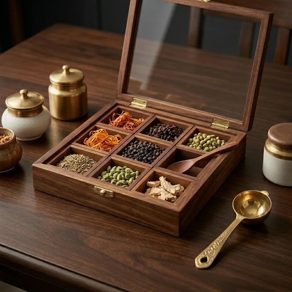 Carved Wooden Spice Box – Masala Dani Organizer Pakistan | TCW