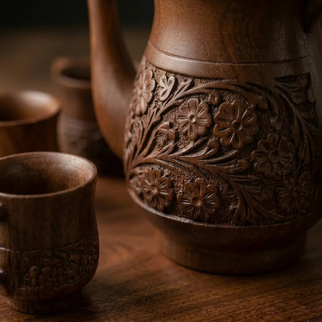 Handcarved Wooden Tea Set With Circular Tray | TCW