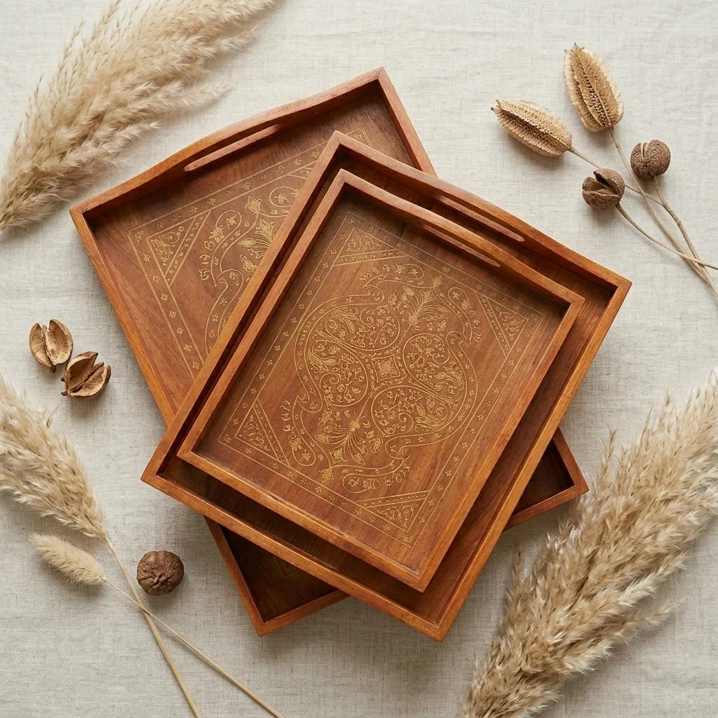 Printed Wooden Tray Set – Decorative Serving Trays for Tea, Snacks & Home Décor | TCW