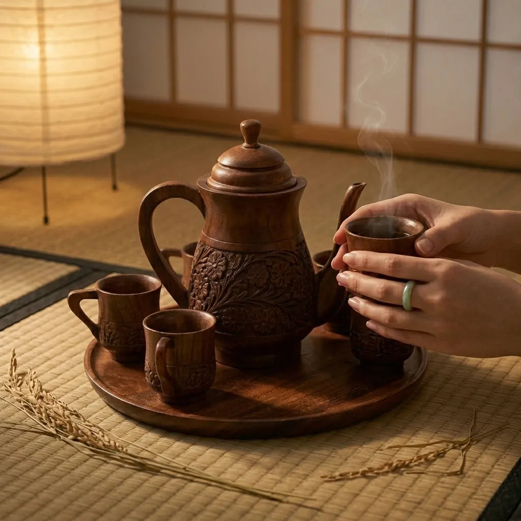 Handcarved Wooden Tea Set With Circular Tray | TCW