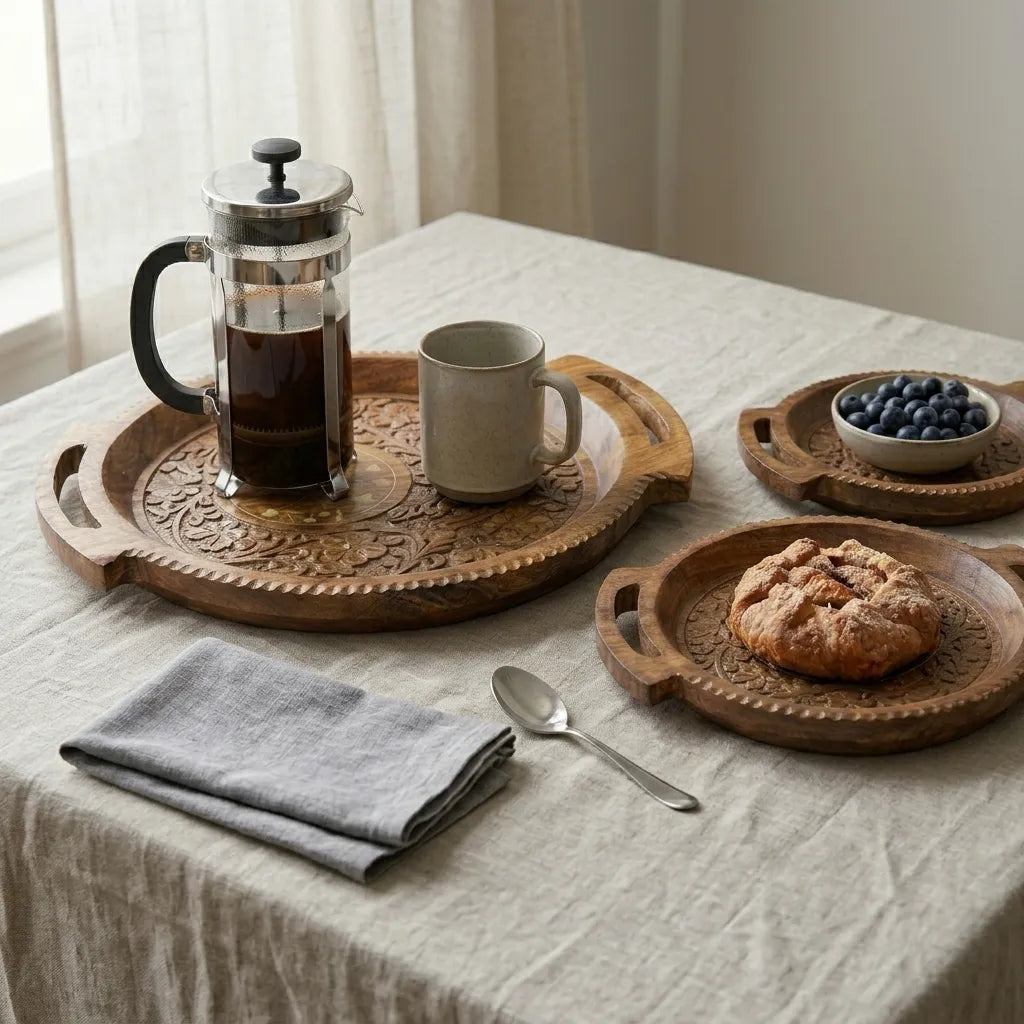 Wooden Tray Set – Carving – 3 Pieces | TCW